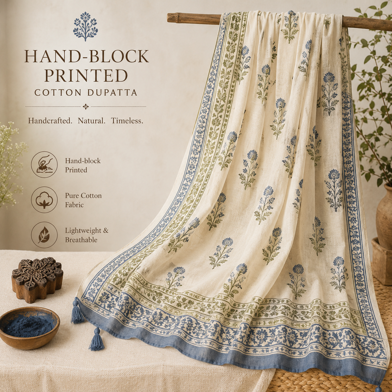 Hand-block printed cotton dupatta