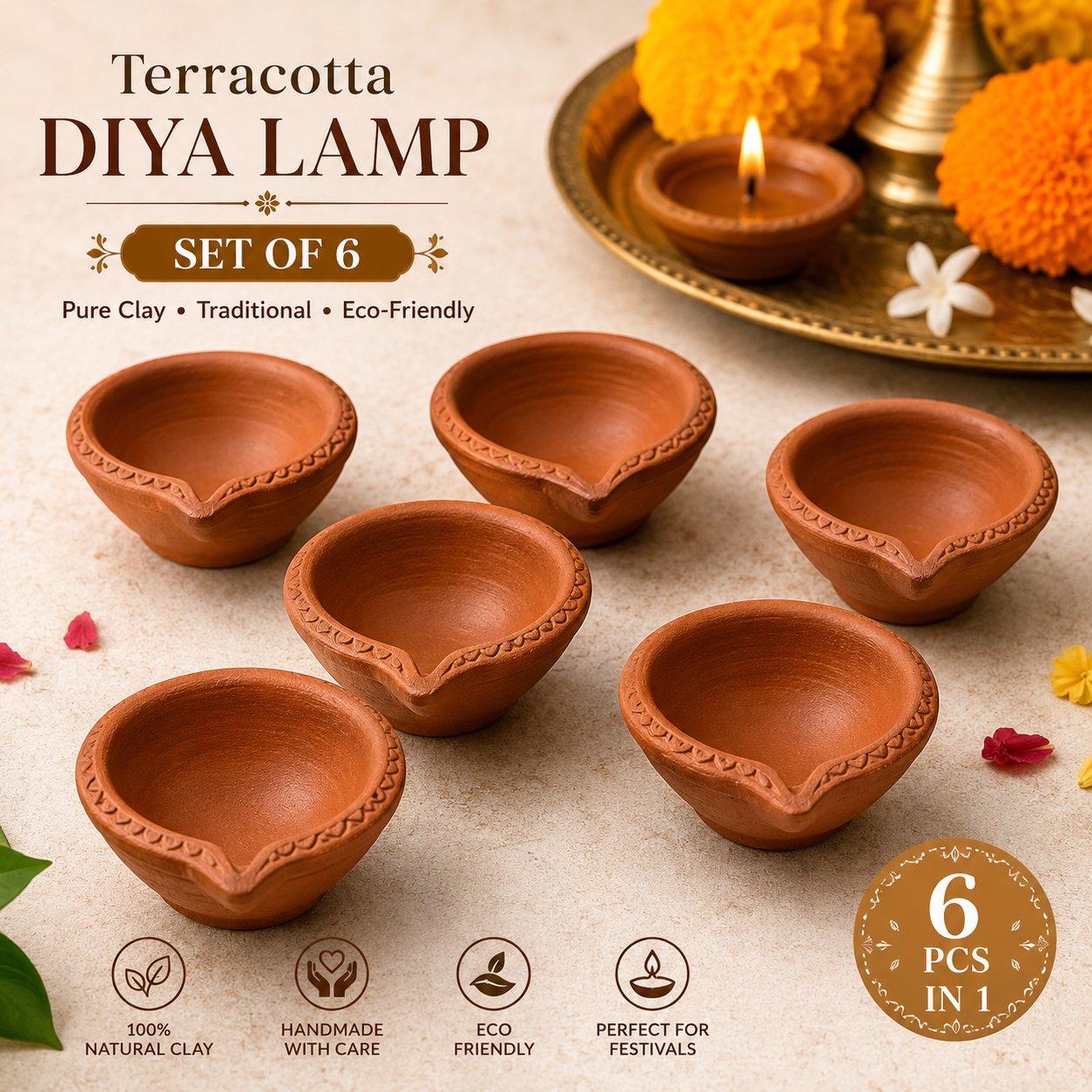 Terracotta diya lamp set — 6 pcs