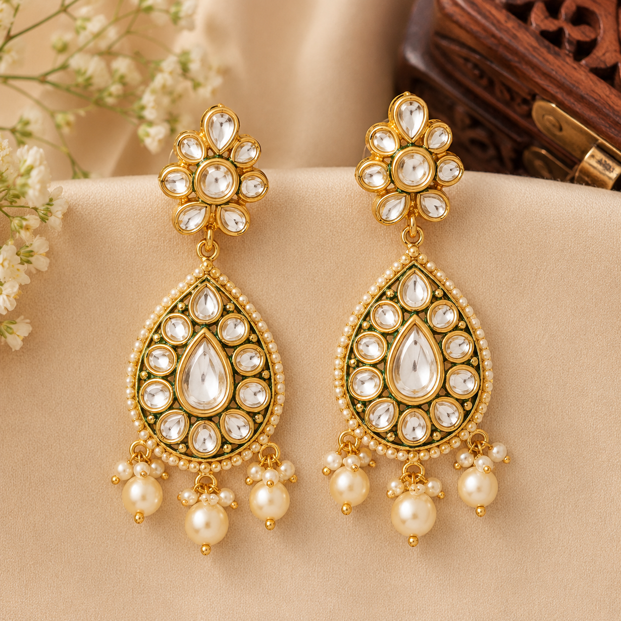 Kundan drop earrings — gold tone